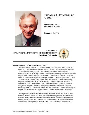 Interview with Thomas A. Tombrello - Caltech Oral Histories
