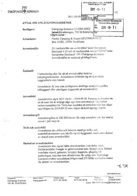 Läs kommunens arrendeavtal med Nordic Camping. - Enköping