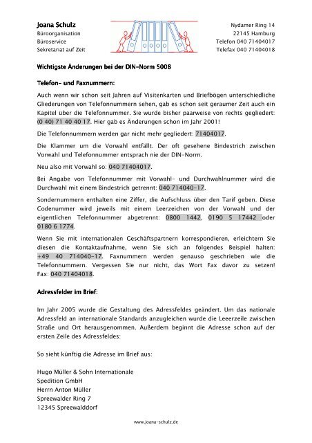 Din 5008 Adressen Telefonnummern Joana Schulz