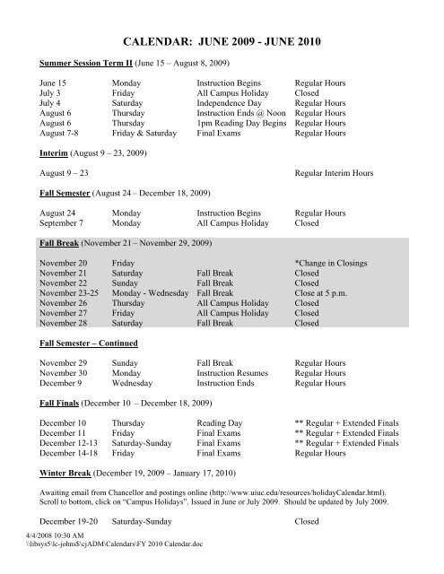 FY 2010 Calendar - Library