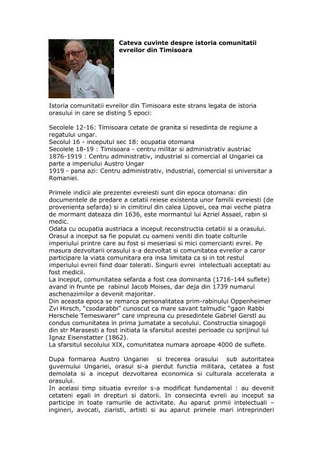 Cateva cuvinte despre istoria comunitatii evreilor din ... - BJT2006.org