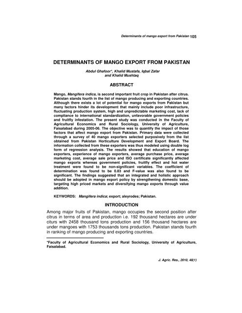 Determinants of Mango Export from Pakistan Abdul Ghafoor, Khalid ...