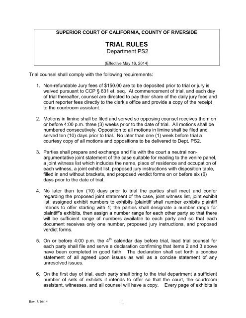 DEPARTMENT 2F - TRIAL RULES - Superior Court, Riverside