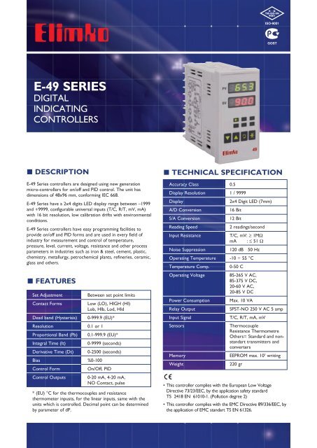 E-49 Series Digital Indicating Controllers - Elimko