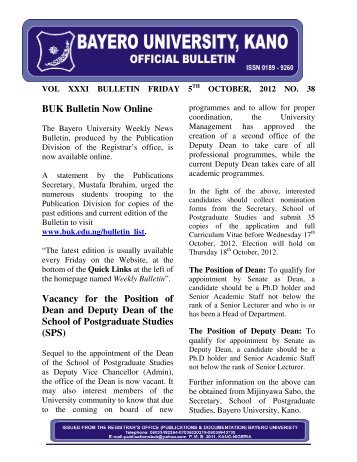 BUK Bulletin Now Online Vacancy for the Position of Dean and ...