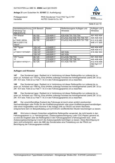 Gutachten zur ABE O 757 - AUTEC GmbH & Co. KG