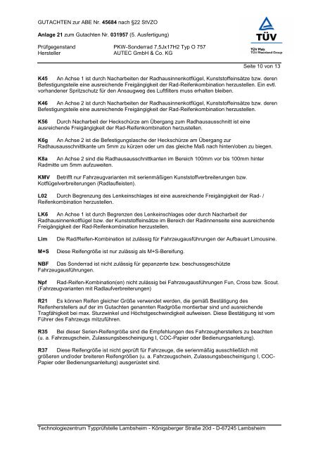 Gutachten zur ABE O 757 - AUTEC GmbH & Co. KG