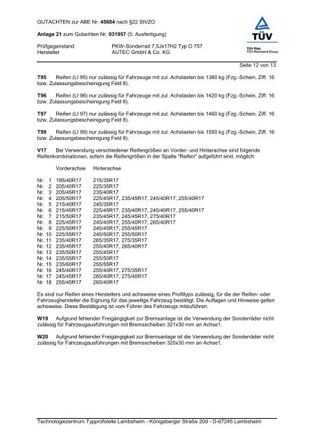 Gutachten zur ABE O 757 - AUTEC GmbH & Co. KG