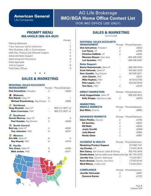 AG Life Brokerage IMO/BGA Home Office Contact List