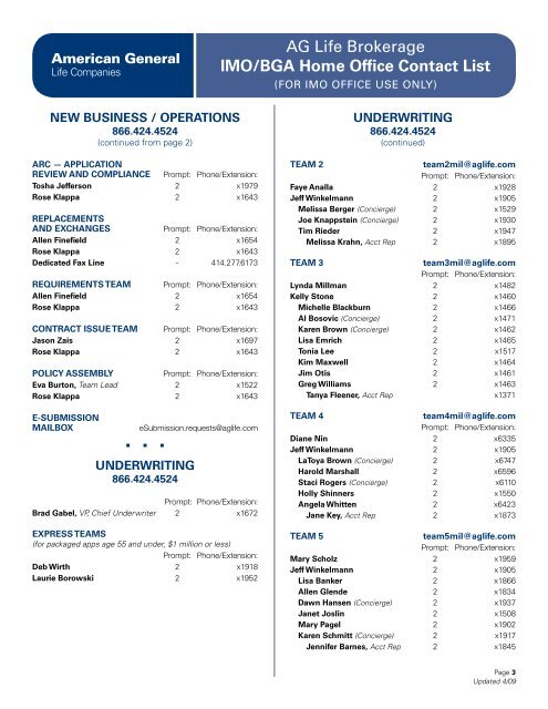 AG Life Brokerage IMO/BGA Home Office Contact List