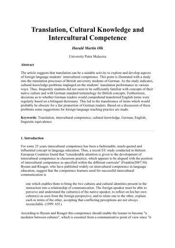 Translation, Cultural Knowledge and Intercultural Competence