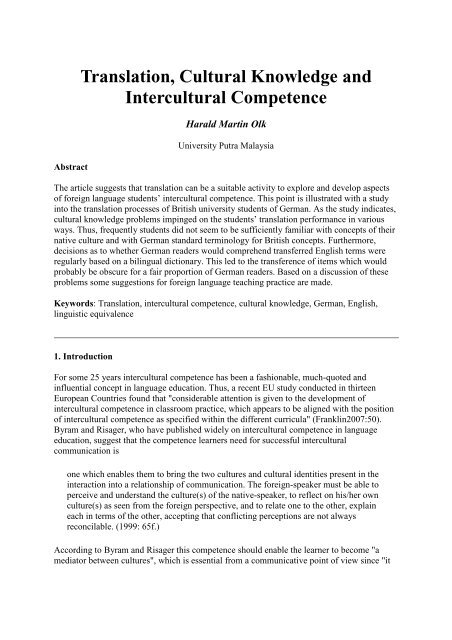 Translation, Cultural Knowledge and Intercultural Competence