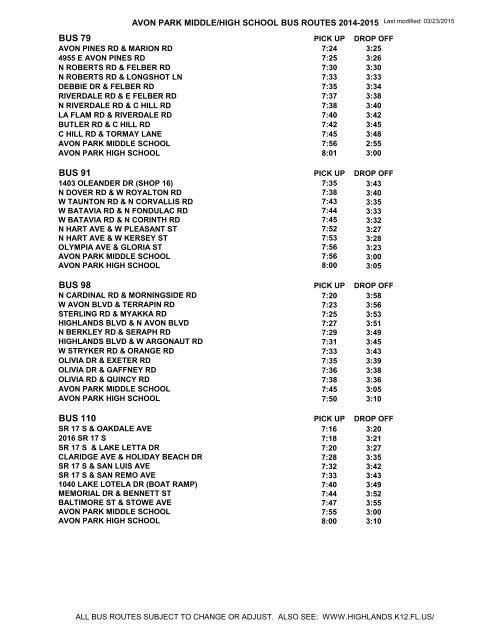 Bus Schedule - The School Board of Highlands County