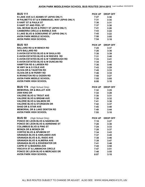 Bus Schedule - The School Board of Highlands County