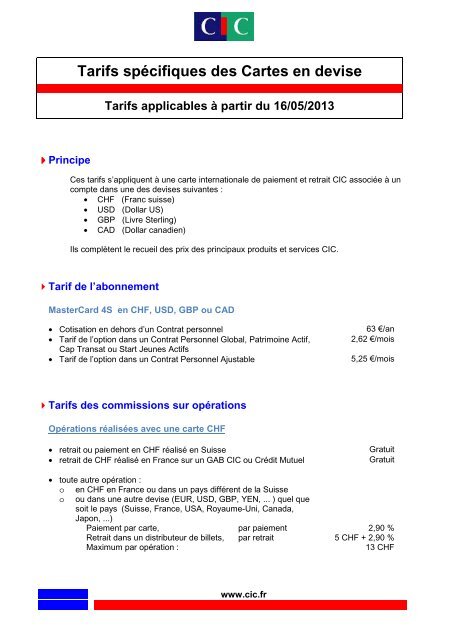 Tarifs spÃ©cifiques des Cartes en devise - CIC