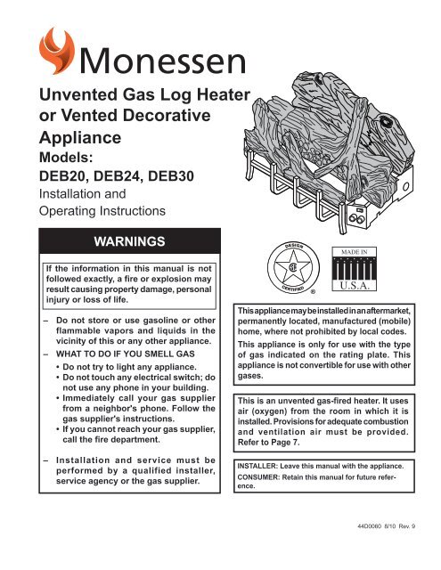 Manual - Unvented Gas Log Heater or Vented Decorative Appliance