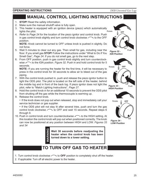 Manual - Unvented Gas Log Heater or Vented Decorative Appliance