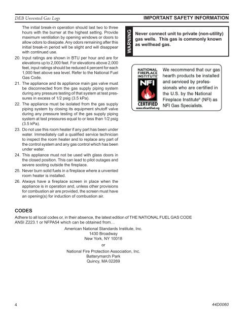 Manual - Unvented Gas Log Heater or Vented Decorative Appliance