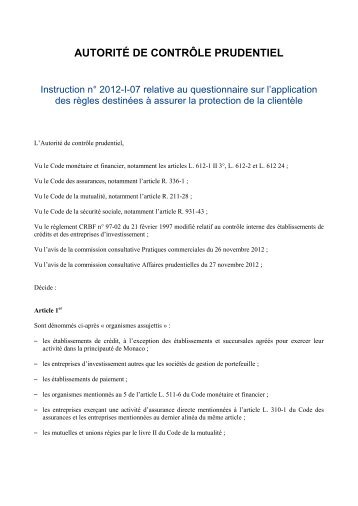 Examen corrigé instruction 2012 I 07 Autorité de contrôle prudentiel ...