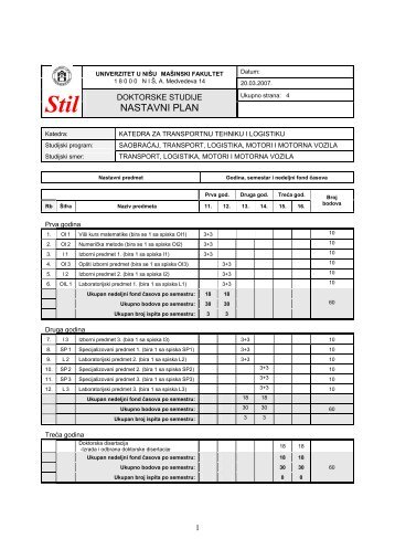 program doktorskih studija - stil - Katedra za transportnu tehniku i ...