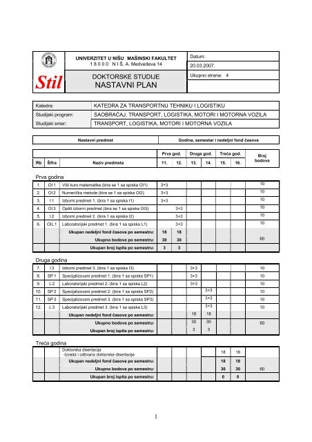 program doktorskih studija - stil - Katedra za transportnu tehniku i ...