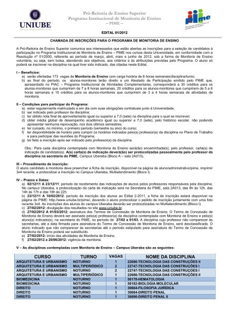 Edital de chamada para inscrição 01/2012 - Uniube