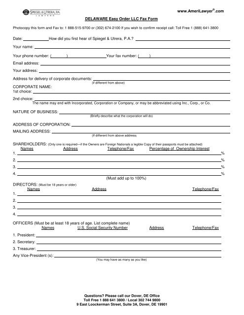 Delaware Limited Liability Company Order Form - Spiegel &amp; Utrera ...
