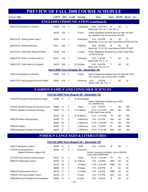 preview of fall 2008 course schedule - Immaculata University