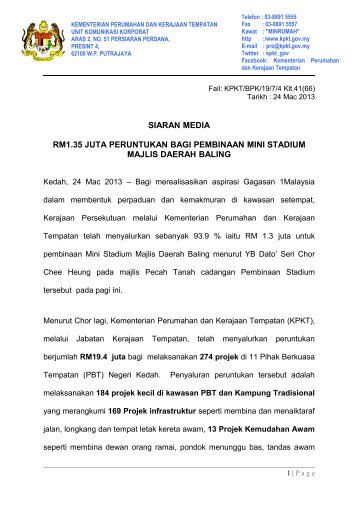 siaran media rm1.35 juta peruntukan bagi pembinaan mini stadium ...