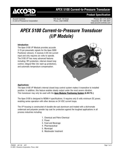 APEX 5100 Current-to-Pressure Transducer - Bay Port Valve & Fitting