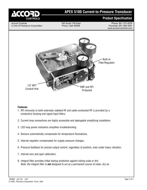 APEX 5100 Current-to-Pressure Transducer - Bay Port Valve & Fitting