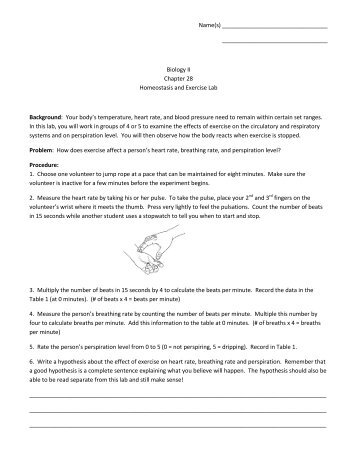 Biology II Chapter 28 Homeostasis and Exercise Lab B - Period 5