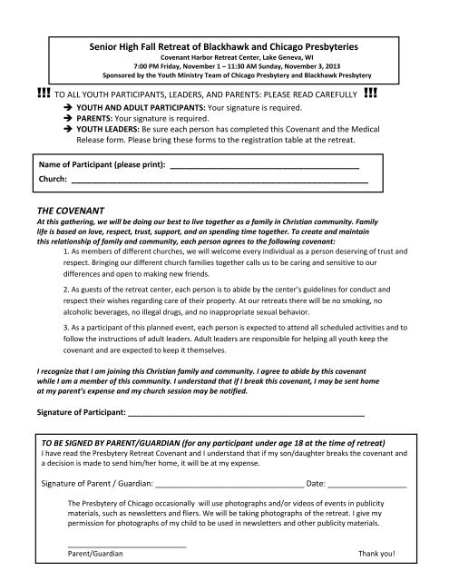 Covenant And Medical Release Form Presbytery Of Chicago
