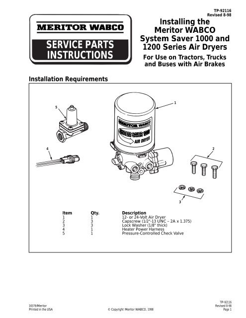 AIR DRYER ASSEMBLY REPLACES MERITOR WABCO SYSTEM SAVER 1200 SERIES R955205 
