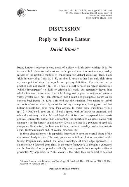 DISCUSSION Reply to Bruno Latour David Bloor* - Melissa