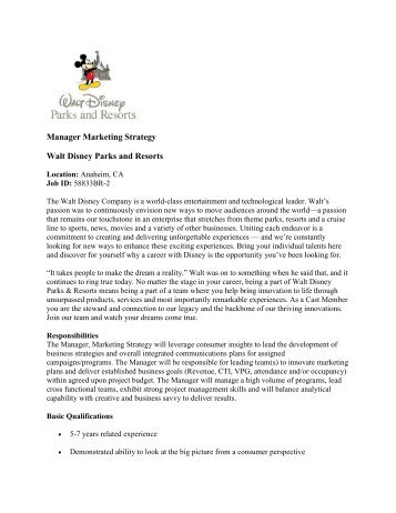Manager Marketing Strategy Walt Disney Parks and Resorts - Students
