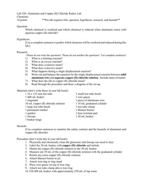 Lab 20 Aluminum And Copper Ii Chloride Redox Lab Chemistry