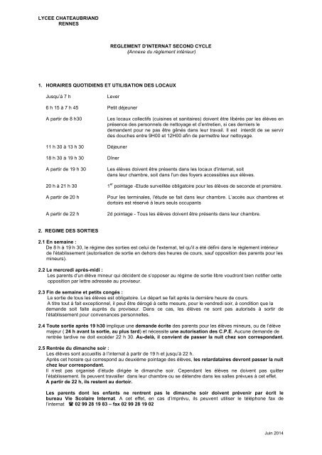 RÃ¨glement d'internat - Second Cycle - LycÃ©e Chateaubriand