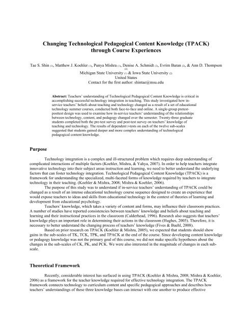 Changing Technological Pedagogical Content Knowledge (TPACK ...