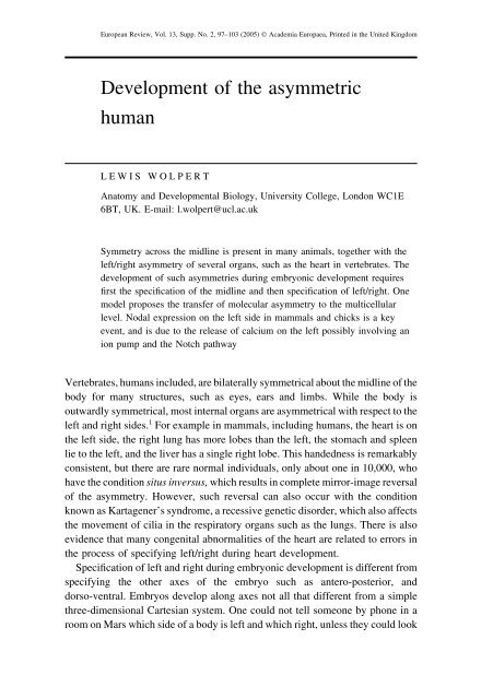 Development of the asymmetric human - Academia Europaea