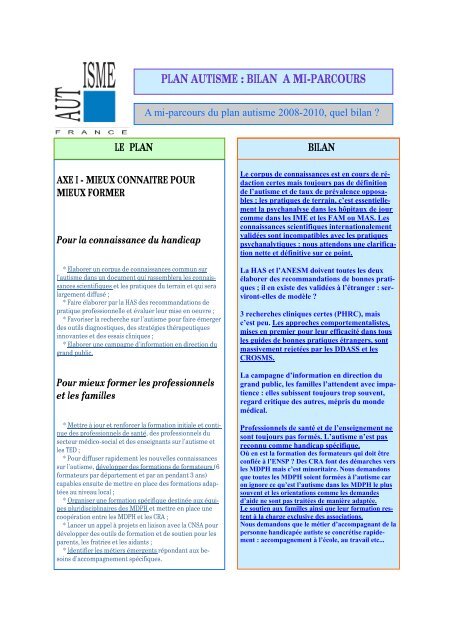 Bilan mi-parcours plan Autisme 2008 2010 - Autisme France