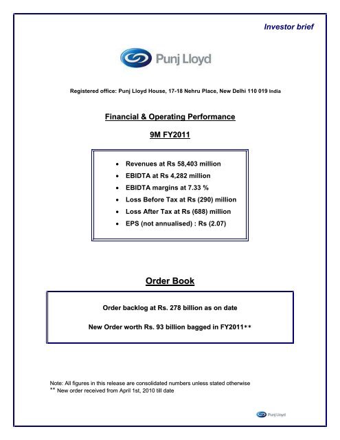 Financial and Operating Performance 9M FY2011 - Punj Lloyd Group