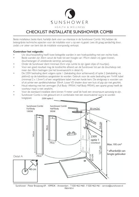 CHECKLIST INSTALLATIE SUNSHOWER COMBI