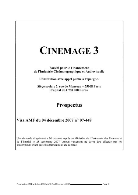 PROSPECTUS SOFICA CINEMAGE 3 - Haussmann Patrimoine