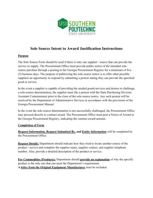 Sole Source Intent to Award Justification Instructions - Southern ...
