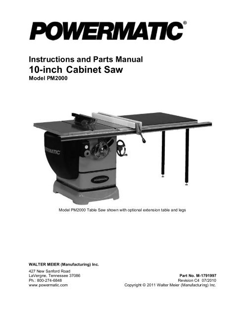Instructions And Parts Manual 10-inch Cabinet Saw - Powermatic