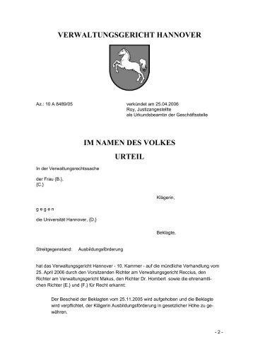 verwaltungsgericht hannover im namen des volkes urteil