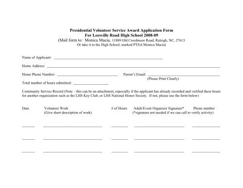 Presidential Volunteer Service Award Application Form
