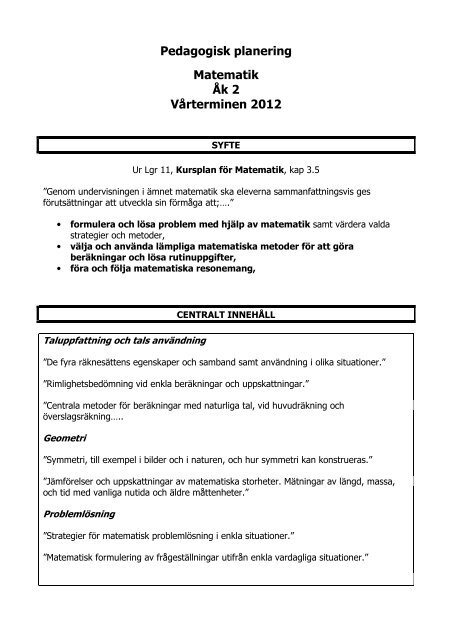 Pedagogisk planering Matematik Ãk 2 VÃ¥rterminen 2012