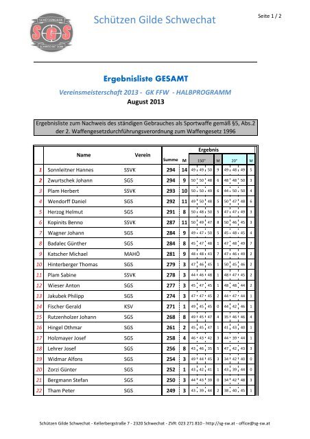 GK FFW Halbprogramm - SGS - SchÃ¼tzen Gilde Schwechat